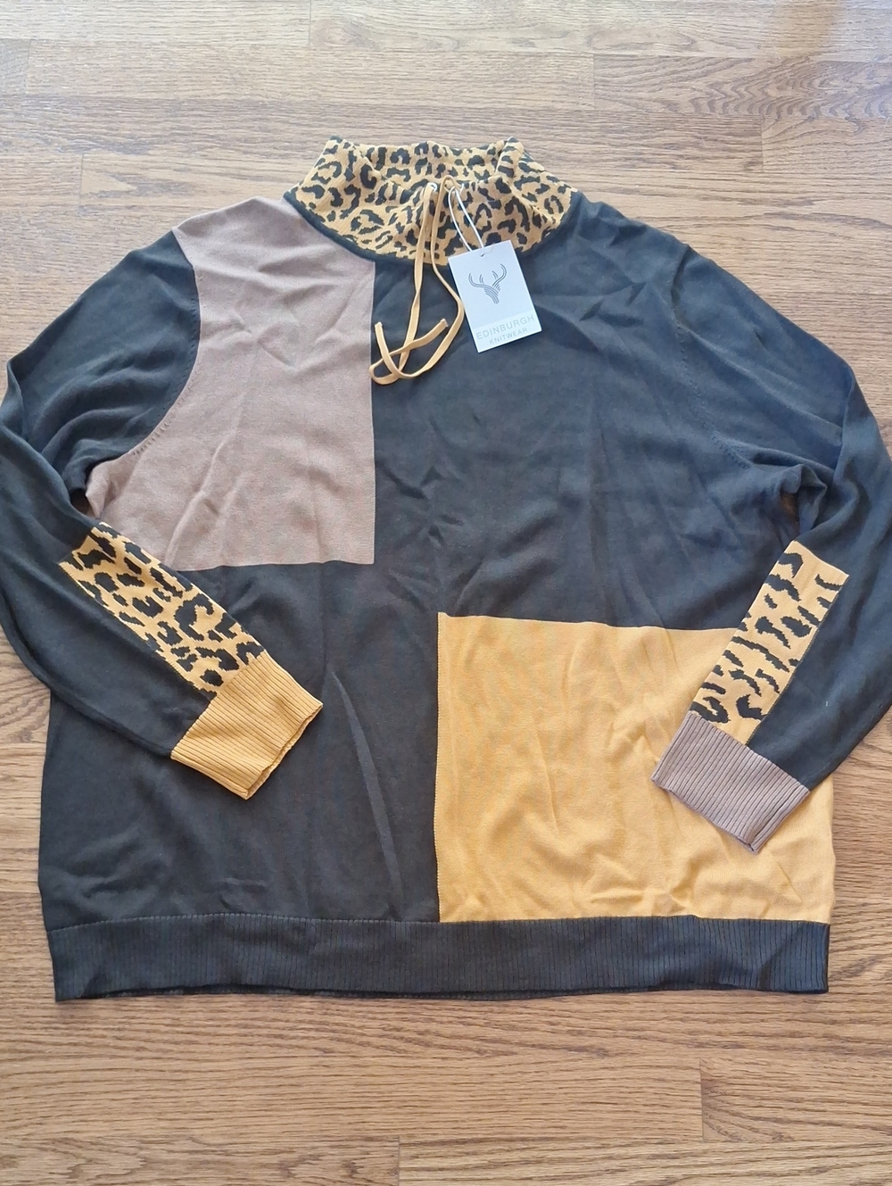 NEW Edinburgh Knitwear Colorblock Leopard Trim Pima Cotton Pullover Sweater XL